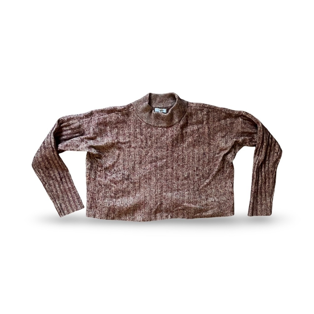 Madewell Womens L Ribbed Mock Neck Wool Blend Marled Sweater Burgundy Brown